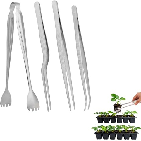 Tinoaly Pince à Transplanter Semis et Ensemble 3pcs Pinces à Épiler, Pinces Repiquage en Acier Inoxydable pour Semis Outils Jardinage pour Réduire Dommages Aux Racines (Argenté)