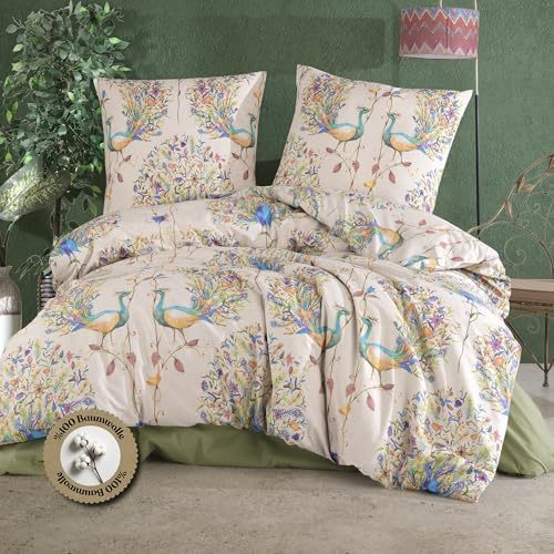 nordqueen Renforce Bettwäsche, 200x220 cm 100% Baumwolle Bettbezug aus Atmungsaktive, Angenehme Schlafkomfort,Winter Bettwäsche-Set mit Kissenbezug Bettbezug mit Reißverschlus (Pavone, 200X220 cm)