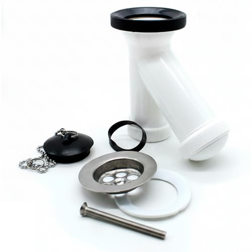 CABLEPELADO - Sifón Vertical para Lavabo o Bidet | Válvula de Desagüe con Tapón y Cadena | Material Plástico Resistente | 19 x 11 x 5 cm | Incluye Kit de Juntas y Herrajes | Blanco