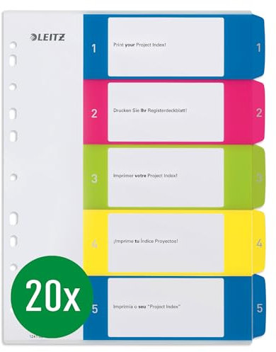 Leitz Register für A4, 20er Pack, PC-beschriftbares Deckblatt und 5 Trennblätter, Taben mit Zahlenaufdruck 1-5, Überbreite, Mehrfarbig, Polypropylen, WOW, 12410000