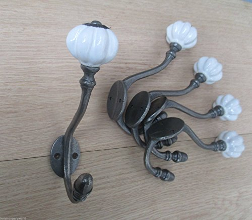 WORLD® IRONMONGERY-5 GANCI APPENDIABITI IN GHISA, IN CERAMICA, STILE VINTAGE SHABBY CHIC, STILE VITTORIANO, A FORMA DI ZUCCA, COLORE: BIANCO