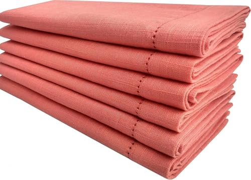 Linen Clubs 100% Slub Cotton Dinner Napkins – Coral Color, 18x18 Inch, Set of 6 – Hemstitched, Mitered Corners – Reusable, Soft Washable Cloth Napkins for Dining, Events, Weddings