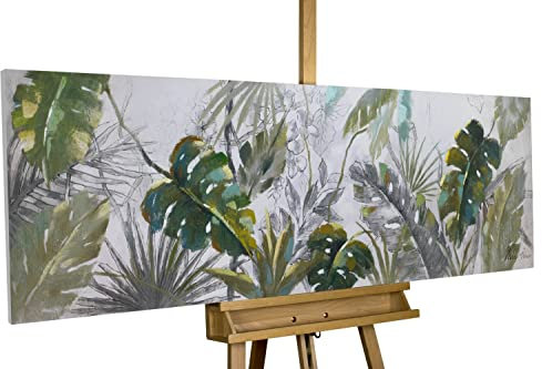 KunstLoft Leinwandbild | 100% HANDGEMALT | 150x50cm | Gemälde 'Wildlife' | Pflanzen & Blätter | Grün | Wandbild Wohnzimmer