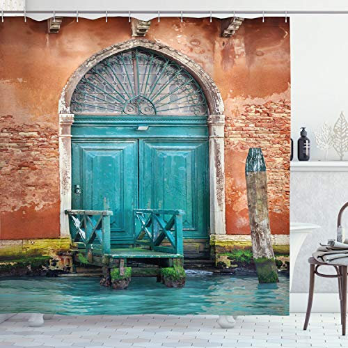 ABAKUHAUS Venedig Duschvorhang, Gebäudetür, Stoffliches Gewebe Badezimmerdekorationsset mit Haken, 175 x 240 cm, Zimt Sky Blue
