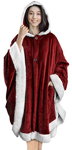 PAVILIA Coperta indossabile per donne adulte, comoda coperta in pile con cappuccio, scialle super morbida, coperta avvolgente con angelo, per ufficio, rosso vino
