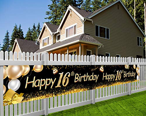 HOWAF Super Large Happy 16th Birthday Banner - 9 * 1.2 Feet Fabric Photo Booth Backdrop for Garden, Table, Wall Decoration