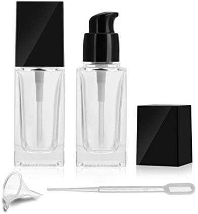 2 Pack 30ml/1 Oz clear Glass Foundation Bottle,Empty Refillable Square Lotion Bottle With Press Pump for Lotion Liquid Body Cream Cosmetic Travel Foundation Samples Vials-Pipette&Funnel Included