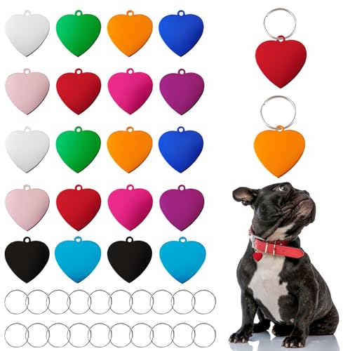 HACRAHO Haustier-ID-Tag, 20 Stück Haustier-Aluminium, personalisierbar, bunt, doppelseitig, blanko, Hundemarken mit 20 Schlüsselringen, Herzform