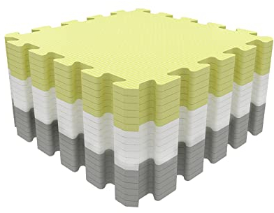 Mocosy Interlocking Foam Mats - Exercise and Play Mats, Gym Floor Tiles, 30cm x 30cm No-Slip Puzzle Floor Tiles (Yellow, White, Grey)