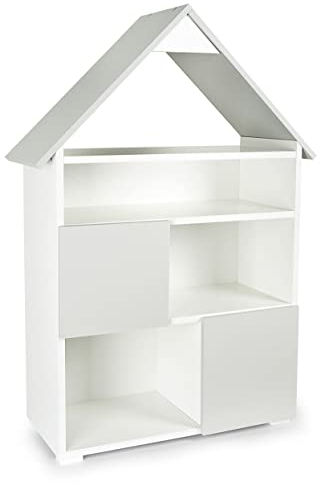 Leomark Kinderregal Bücherregal mit Zwischenwand, Regal aus Holz für Kinder, für Kinderzimmer, für Kindergarten, ideal für Spielzeuge, Weiß und Grau (Kleine Hütte)