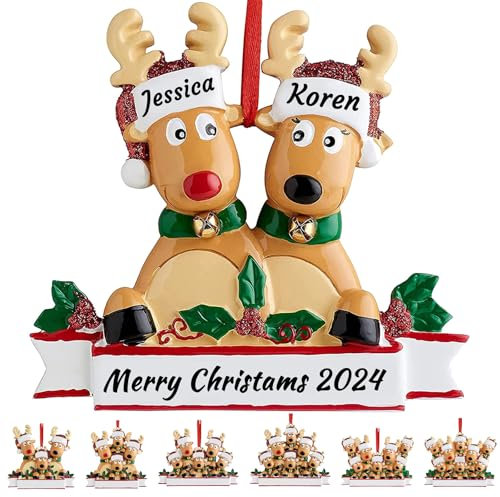 Personalisierbarer Weihnachtsbaumschmuck mit Reh-Motiv, Familie von 2, 3, 4, 5, 6, 7, 8, Name, niedliches Weihnachtsmann-Rentier 2021, Weihnachtsdekoration