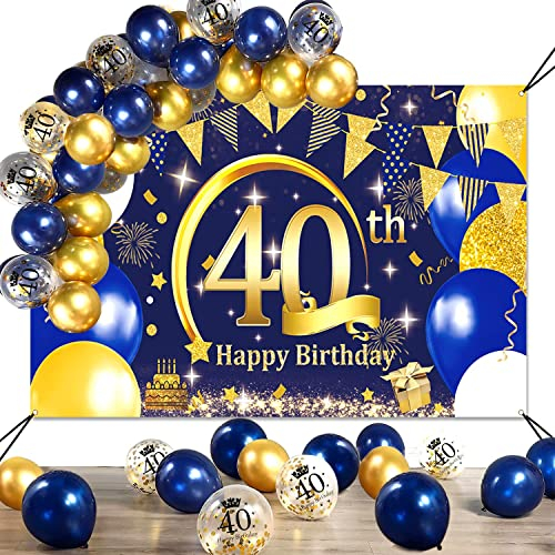 40 Geburtstag Dekoration Männer Frauen, Extra Lange Deko 40 Geburtstag Banner Poster und Navy Blau Gold luftballons Konfetti Luftballons, 40 Jahr Geburtstagdeko Banner Hintergrund (74,8×47,2 Zoll)