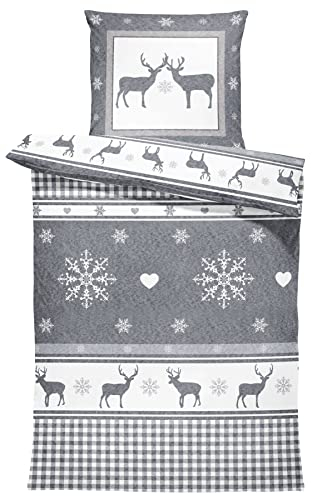 one-home Winter Bettwäsche 135x200 cm Rentiere Hirsch anthrazit grau Flausch Thermofleece