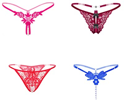 Kissecret Damen String aus schwarzer Spitze Tanga mit Schleife (4 Muster/Paket) (M, Stil1)