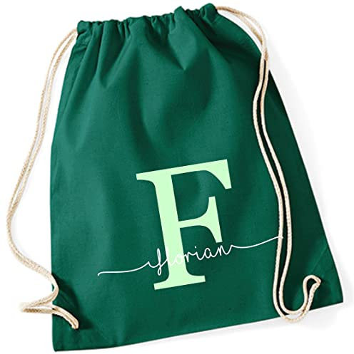 Personalisierter Turnbeutel mit Buchstabe und Name | Motiv Monogramm Initiale | Bedruckter Stoffbeutel Kordel-Rucksack zum Zuziehen | Geschenk-Idee Schulanfänger Geburtstag (dunkelgrün)