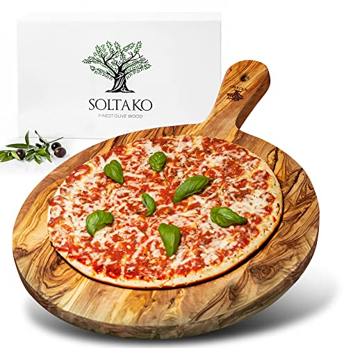 SOLTAKO Plat Pizza en bois d'Olivier - Planche Pizza avec Manche - Plateau bois d'Olivier Mediterranean - Assiettes Plates en bois - Planche à Découper Épaisse - Plateau Fromage Ø 32 cm