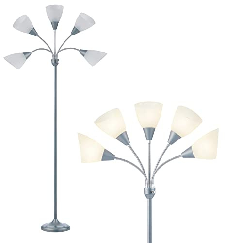 HonoDing Medusa Stehlampen Stehlampen 5 Köpfe Verstellbare Leselampe Großer Lampenschirm Verwendung E27 Glühbirne Stehlampens für Wohnzimmer Schlafzimmer (Silber)
