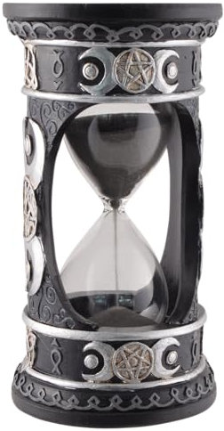 Wicca Sanduhr Silber-schwarz mit schwarzem Sand, aus Kunststein angefertigt und von Hand bemalt
