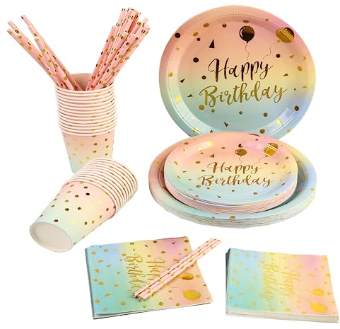 AHPYEUHK Assiette Jetable Anniversaire 125 Vaisselle Jetable Dessert Assiettes Carton Kit Assiette en Papier Gobelet en Papier Serviette Paille