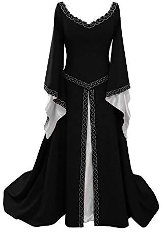 YUDATPG Medieval Dress Flare Long Sleeve Renaissance Dress for Women Peasant Chemise Halloween Costume Fairy Gothic Gown Nightgown Dress Up (as8, Alpha, 3X_l, Regular, Regular, Black)