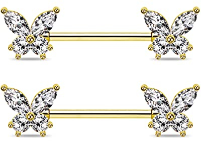 Jewseen 14G Gold Nippelringe Schmetterling Nippel Barbell CZ Nippelringe 316L Edelstahl Nippel Piercing Schmuck für Frauen Gold