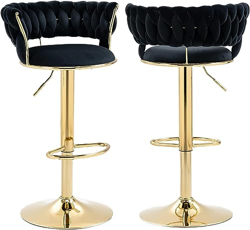 Samt Barhocker 2er set，Höhenverstellbar Barhocker mit Lehne &Armlehne，Ergonomischer Barstuhl mit Handgewebtem Samt und Gold Bein für Kücheninsel, Bar, Restaurant, Drehhocker mit Fußstütze, Schwarz