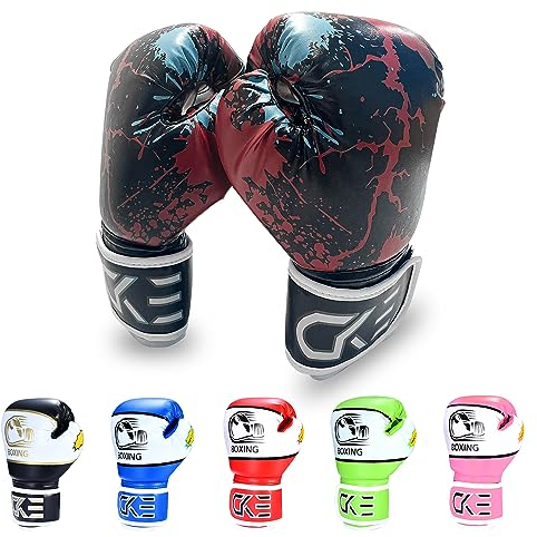 CKE Guantes de Boxeo para niños y niñas, pequeños de 5 a 12 años de Edad Guantes de Boxeo para Saco de Kick Boxing Muay Thai(Red/Black)