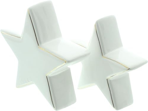 Dekoleidenschaft 2X Dekofigur Stern Goldkante aus Porzellan in Creme weiß/Gold, Ø 13 + 15 cm, Weihnachtsdeko, Tischdeko