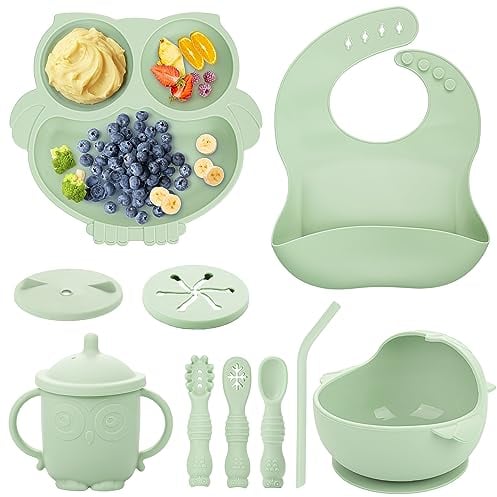 Baby Weaning Set, Silicone Baby Feeding Set(10 Pcs), Toddler Weaning Set with Adjustable Bib, Suction Bowl, Plate, Fork, Spoon, Water & Snack Cup Kit for Babies, Toddler and Kids (Green)