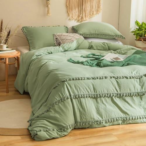 Freyamy Böhmen Bettwäsche 135x200cm 2teilig Grün Meeresgrün Quaste Boho Chic Bettwäsche Gewaschene Microfaser Bettwaren-Sets Bohemian Mädchen Bettbezug mit Reißverschluss und Kissenbezug 80x80cm