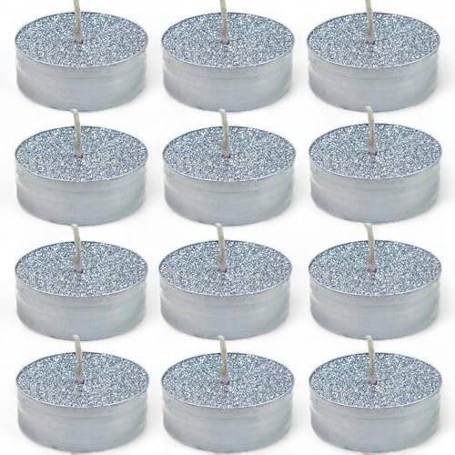 MIK funshopping magische Glitzer-Teelichter, zauberhafte Atmosphäre für weihnachtliche, festliche Anlässe, geruchsneutrale, rußfreie Kerzen, langlebige Brenndauer (Ø5,5 x 2cm - 12 Stück, Silber)