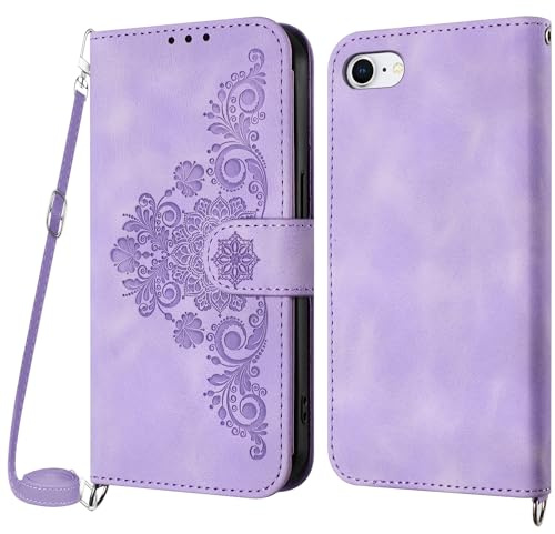 NETANY Cover per iPhone SE 2020/iPhone SE 2022/iPhone 8/iPhone 7 con Cordino, Flip Portafoglio Custodia in Pelle, [2 Porta Carte][Chiusura Magnetica],Custodia Libro Antiurto Cover con Laccio (Viola)