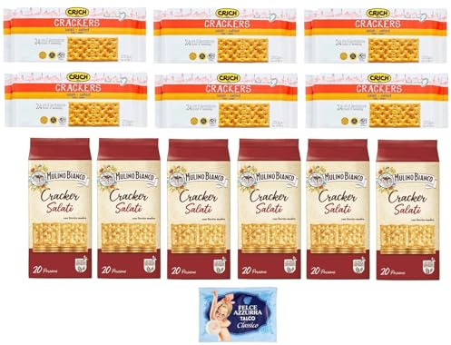 12er-Pack Testpaket Cracker Mulino Bianco 500g + Crich 250g Crackers Salati,Gesalzen Snack,Cracker mit Salzkörnern + 1er-Pack Kostenlos Felce Azzurra Talkumpuder, 100g-Beutel