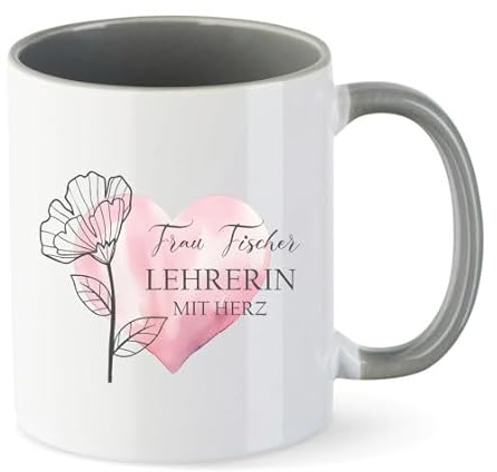 AWASG Tasse Lehrerin mit Herz Dankeschön – Personalisiert mit Namen – Kaffeetasse mit Blume und Spruch – Geschenk Abschied Schule Schulabschluss - Keramik 330ml (grau)