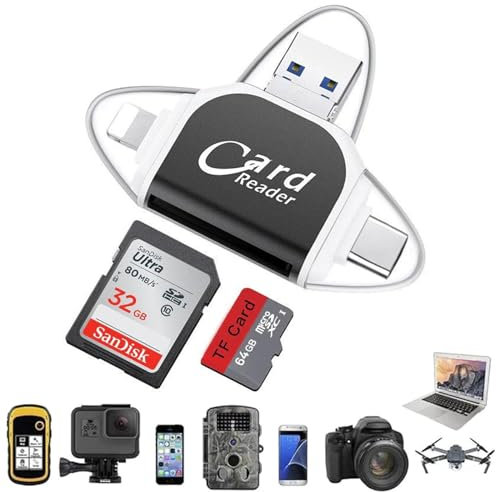 GodbTG Multi-Port 4 in1 Universal SD TF Card Reader for iPhone, Card Reader for Camera Memory Card (Black)