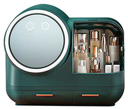 Kosmetikkoffer Aufbewahrungsbox mit LED Licht Kosmetikorganiser Beauty Box und Staubdichtem Deckel Makeup HD Schmink Spiegel USB Aufladung für Außenbereiche Bad Schlafzimme Grün