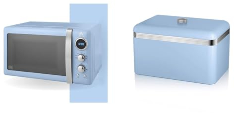 Swan SM22030LBLN Retro LED Digital Microwave with Glass Turntable, 5 Power levels & Defrost Setting, 20L, 800W, Blue & SWKA1010BLN Retro Bread Bin, Metal, 18 Litre, Blue