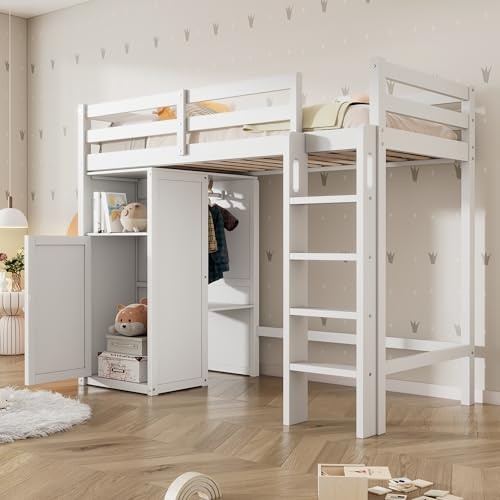 LATICO Kinderbett Hochbett 90x200 cm, Hausbett mit Kleiderschrank und Regalen Stauraum, Einzelbett Holzbett Bettgestell Kinderbett mit Rausfallschutz und Lattenrost, Stauraumbett, Ohne Matratze, Weiß