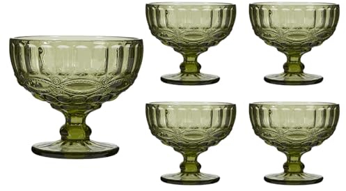 Glass Dessert Bowl Set of 4 Green Embossed 300ml Footed Sundae Glass Dessert Cup Dishes Afternoon Tea Tableware Ice Cream Sorbet Fruit Salad Cocktail Bowl