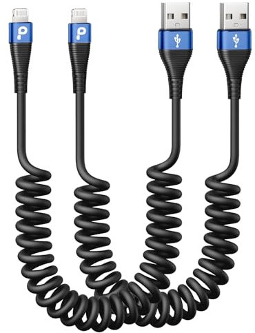 iPhone Charger Cable for Car 3FT, 2Pack Coiled Lightning Cable, [Apple MFi Certified] Retractable Charging Cord Compatible with iPhone 14/13/12/11 Pro Max/XS MAX/XR/XS/8/iPad/iPod/CarPlay-Blue
