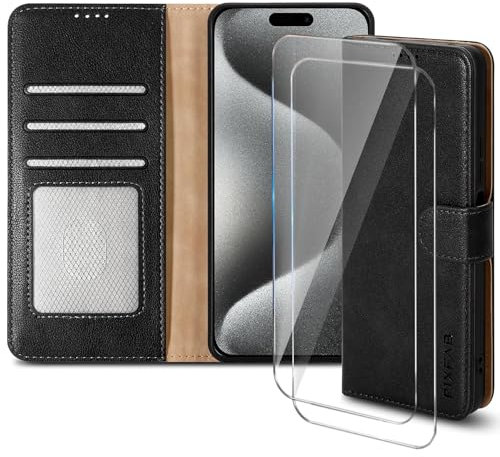 for Apple iPhone 15 Pro Max Case with 2 x Screen Protector Tempered Glass, Leather Wallet Phone Case, Magnetic Book Flip Folio Cover [RFID Protection & Card Slots] and [Kickstand] - Black