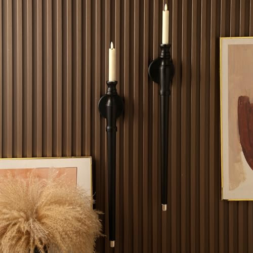 Wandkerzenleuchter 2er Set, Holz Wandkerzenhalter Schwarz Kerzenleuchter Wanddeko 2er Set Kegelkerze Wandleuchter für Stabkerze Wandleuchter Set mit Zwei Kerzenhaltern