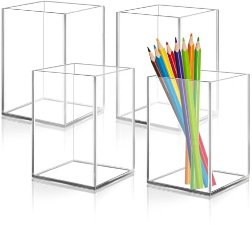 Mgood 4 PCS Pot à Crayon en Acrylique, Pot a Crayon Transparent Multifonction, Rangement Pinceaux Maquillage, Porte Stylo Parfait pour la Maison, le Bureau ou l'École, 7 x 7 x 10 cm