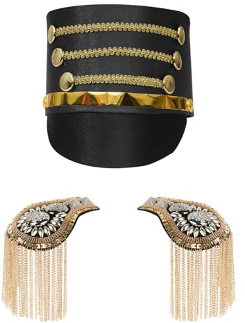 CHICTRY Kinder Marching Band Hut mit Schulterklappe Set Uniform Soldatenhut Schulter Brosche Majorette Trommler Hut Epaulett Performance Schwarz B One Size