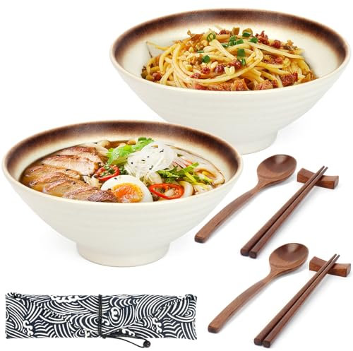 Hebaogugu 1000ml/34oz Ramen Bowls, 2 Sets Ceramic Noodle Bowls with Chopstick, Spoons, Porcelain Ramen Dinnerware for Pasta Rice Soup Salad(White)