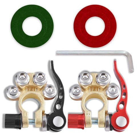 2PCS Car Battery Terminal Connectors, Battery Clamps, 4 Way Quick Release Disconnect Battery Terminals with Washers, Positive and Negative Battery Terminal for SAE/JIS Type A Posts