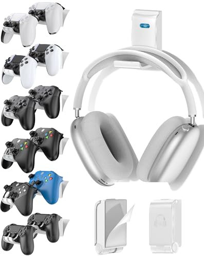 Kytok Soporte para Auriculares y Mando, Soporte Universal de Pared para Mandos Xbox/PS5/PS4/Nintendo Switch, Plegable Soporte 12 Mando y Cascos Pared, Organiza Accesorios Gaming, Blanco, 6 Piezas