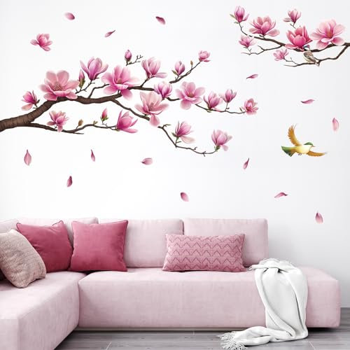 Abnehmbare Rosa Magnolienblüten Wandsticker, Baum Ast Wandaufkleber, Selbstklebende Vinyl Wandtattoos, Wanddeko für Wohnzimmer Schlafzimmer