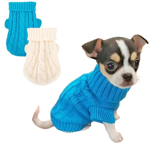 JAAQUCD 2 Stück XXS Hundekleidung, Rollkragenpullover, gestrickt, Welpenpullover für kleine Hunde, Jungen, Herbst, Winter, Chihuahua, Yorkie, Teetasse, warme Kätzchen, Katze, Strickwaren (blau + weiß