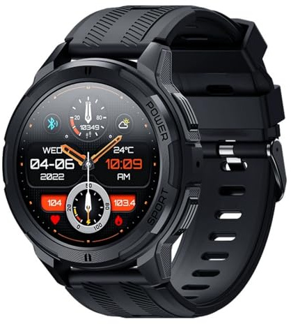 AngLink notkraft Robust Militär Die unzerstörbare Smartwatch Herren 1,43'' HD Fitnessuhr mit Bluetooth-Anrufen, wasserdicht, Blutdruck Herzfrequenzüberwachung, 100+ Sportmodi Android& iOS (Schwarz)